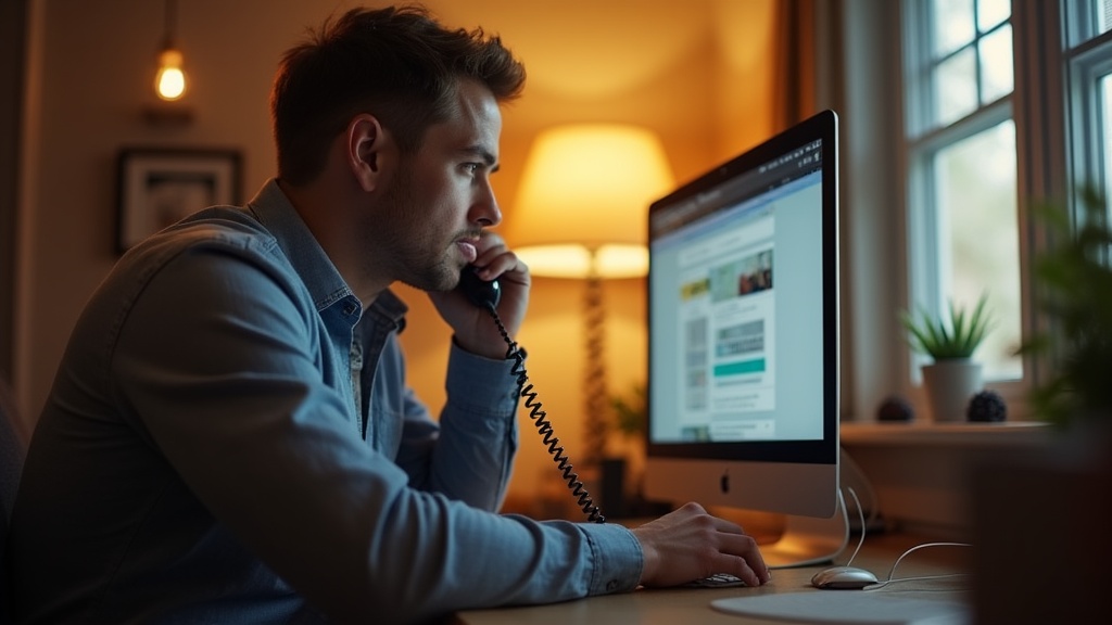 Business owner sitting at a desk with a phone in hand, looking at a screen
