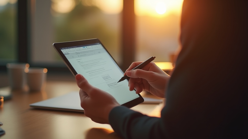 A professional setting where a business owner is filling out a short application form on a tablet, with a calendar widget