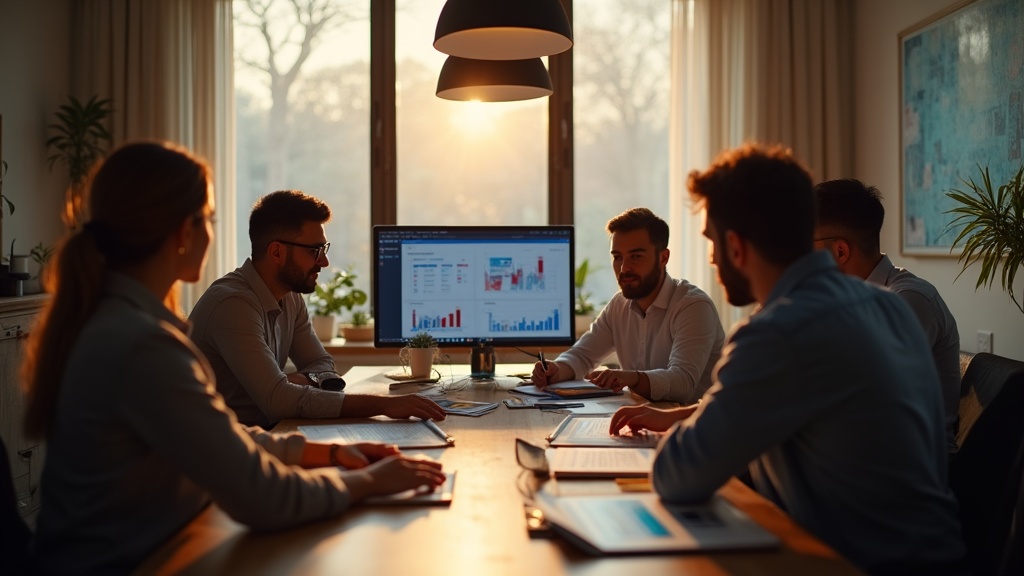 A professional team gathered around a table, reviewing landing page designs and discussing strategies to improve lead quality