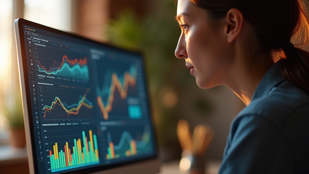 A professional team gathered around a large screen, analyzing data and discussing strategies