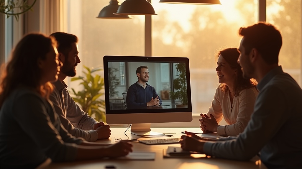 A professional team gathered around a computer, reviewing a thank you page design