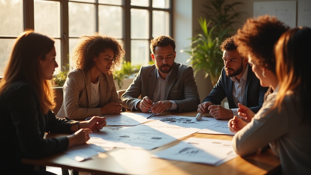 A professional team gathered around a table, reviewing a large blueprint titled '8%+ Conversion Framework'