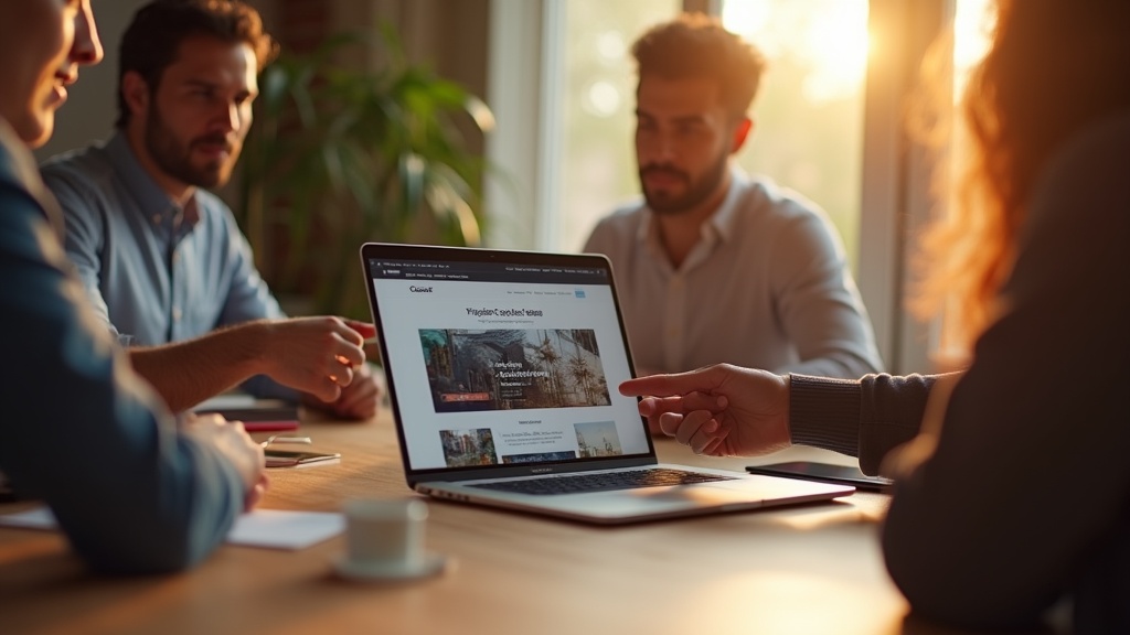 A professional team is gathered around a conference table, discussing a landing page design