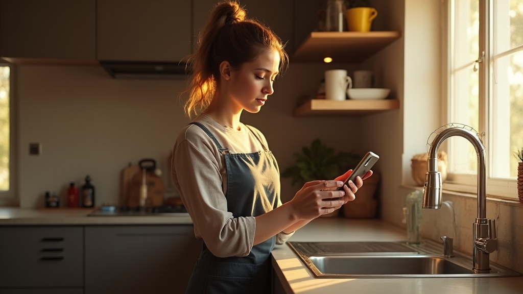 Business owner looking at their phone with a concerned expression